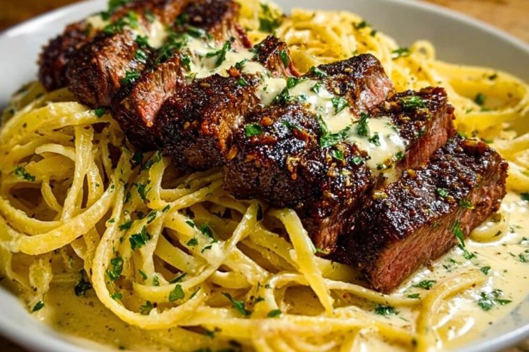 Cajun Garlic Butter Steak over Creamy Parmesan Linguine