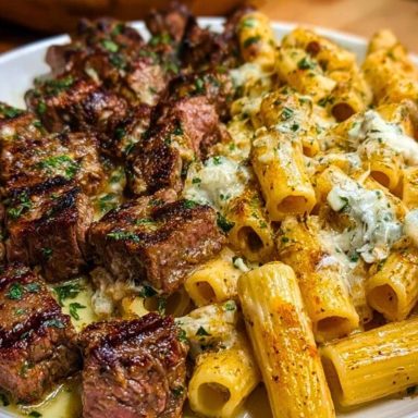 Cheesy Garlic Butter Steak with Rigatoni in Four-Cheese Sauce