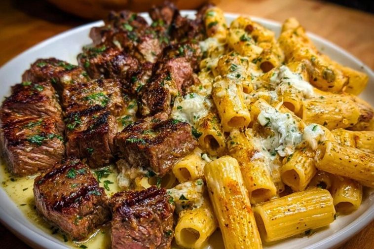 Cheesy Garlic Butter Steak with Rigatoni in Four-Cheese Sauce