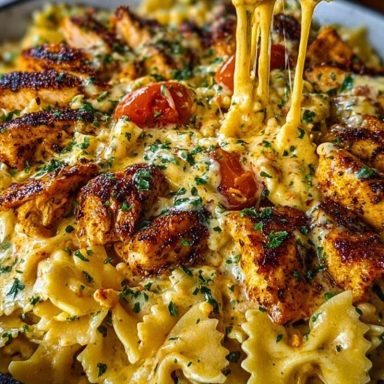 Creamy Cajun Chicken Bowtie Pasta with Garlic Cheese Sauce