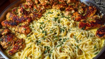 Creamy Garlic Butter Chicken & Linguine in Alfredo Sauce