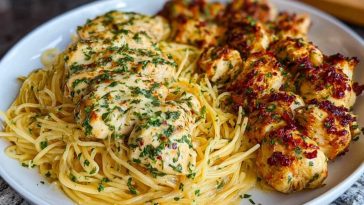 Creamy Garlic Parmesan Chicken with Cheesy Spaghetti