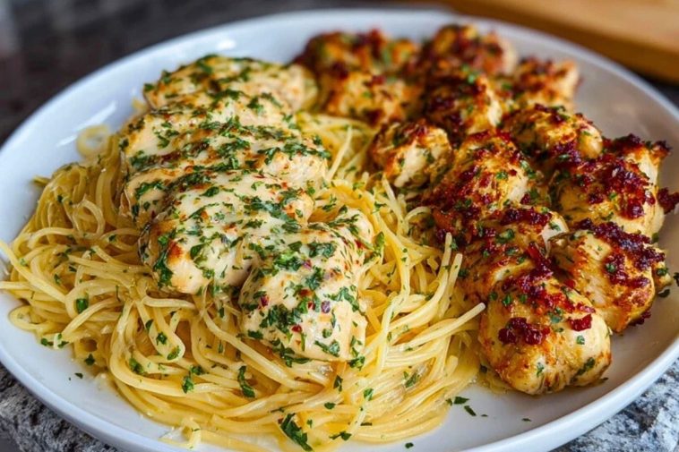 Creamy Garlic Parmesan Chicken with Cheesy Spaghetti