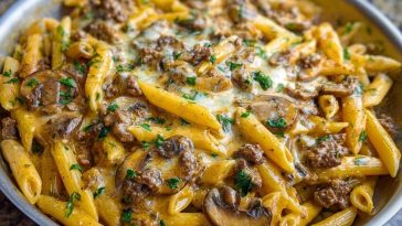 Creamy Velveeta Beef Stroganoff and Penne Pasta