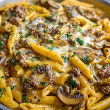 Creamy Velveeta Beef Stroganoff and Penne Pasta