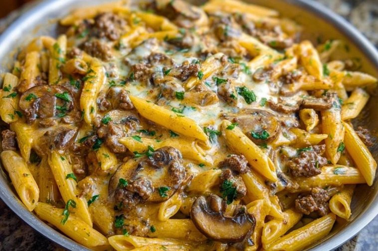 Creamy Velveeta Beef Stroganoff and Penne Pasta