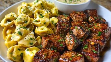 Garlic Butter Steak Bites with Creamy Parmesan Tortellini and Garlic Sauce