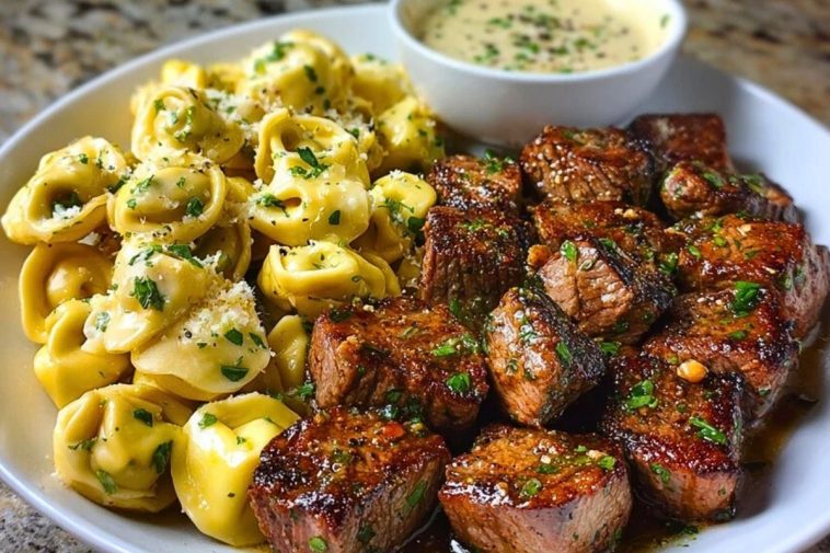 Garlic Butter Steak Bites with Creamy Parmesan Tortellini and Garlic Sauce