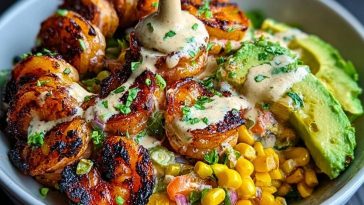Grilled Shrimp Bowl with Avocado, Corn Salsa & Creamy Sauce