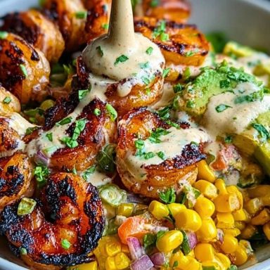 Grilled Shrimp Bowl with Avocado, Corn Salsa & Creamy Sauce