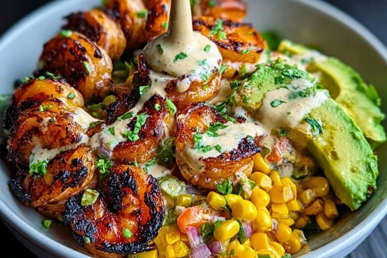 Grilled Shrimp Bowl with Avocado, Corn Salsa & Creamy Sauce