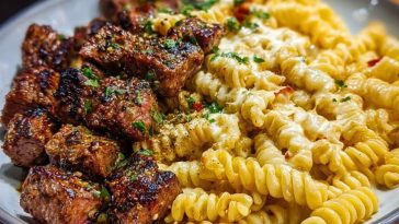 Steak Bites and Cheesy Rotini in Garlic Parmesan Sauce