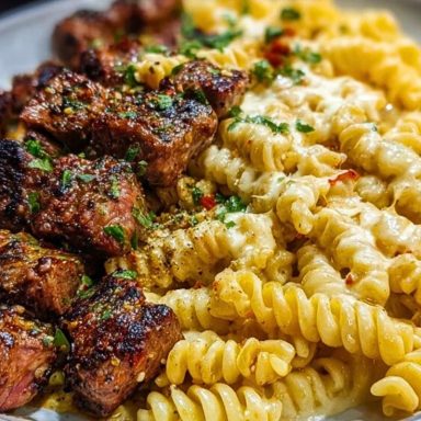 Steak Bites and Cheesy Rotini in Garlic Parmesan Sauce