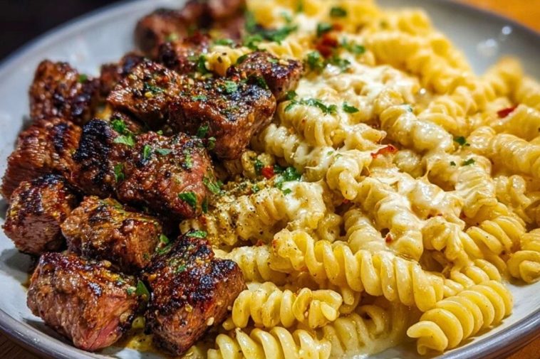 Steak Bites and Cheesy Rotini in Garlic Parmesan Sauce