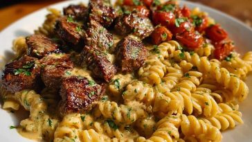 Steak Bites in Garlic Parmesan Sauce over Rotini