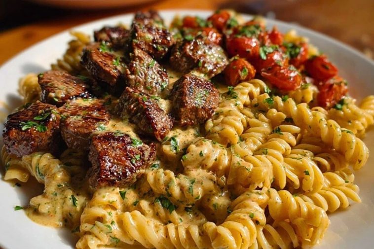 Steak Bites in Garlic Parmesan Sauce over Rotini