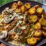Ultimate Creamy Mushroom Garlic Chicken Alfredo Recipe with Hot Honey Roasted Potatoes