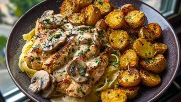 Ultimate Creamy Mushroom Garlic Chicken Alfredo Recipe with Hot Honey Roasted Potatoes