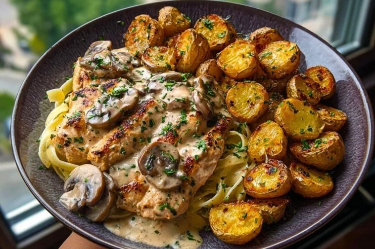 Ultimate Creamy Mushroom Garlic Chicken Alfredo Recipe with Hot Honey Roasted Potatoes