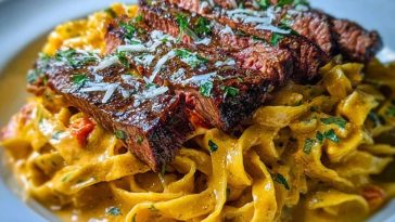 Velveeta Steak Fettuccine with Garlic Butter Cream Sauce