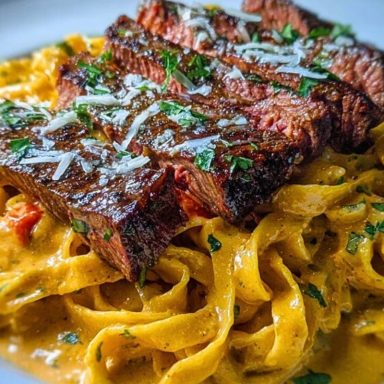 Velveeta Steak Fettuccine with Garlic Butter Cream Sauce