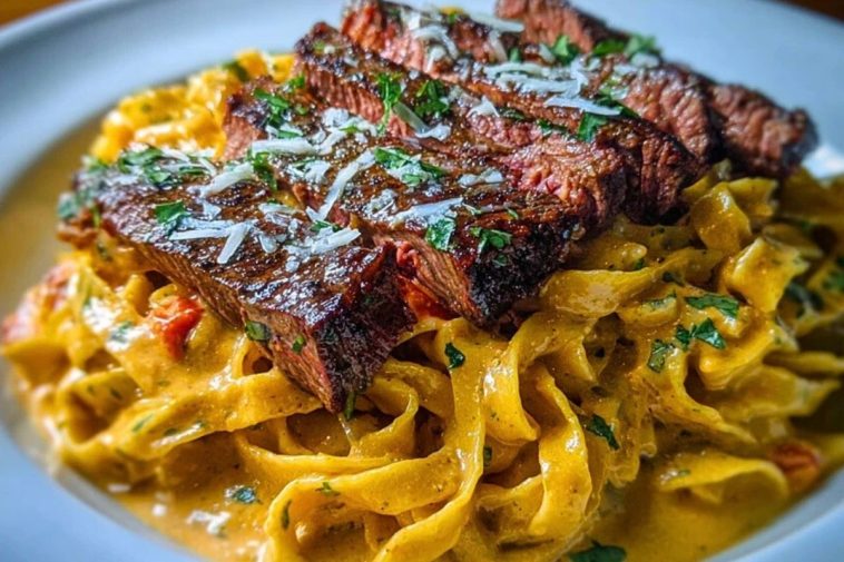 Velveeta Steak Fettuccine with Garlic Butter Cream Sauce