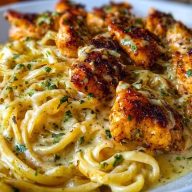 Cheesy Alfredo Linguine with Golden Garlic Butter Chicken in Creamy Sauce