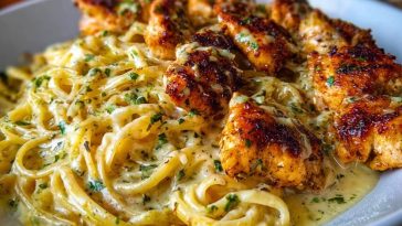 Cheesy Alfredo Linguine with Golden Garlic Butter Chicken in Creamy Sauce