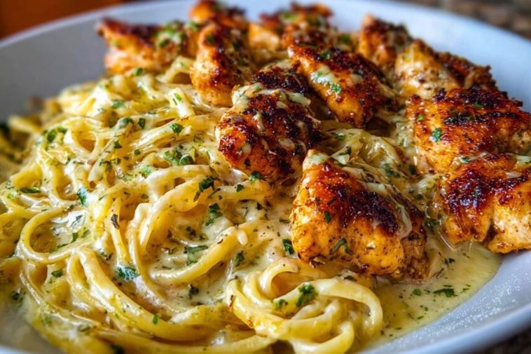 Cheesy Alfredo Linguine with Golden Garlic Butter Chicken in Creamy Sauce