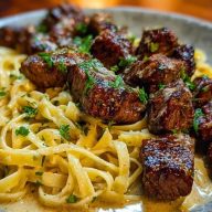 Cheesy Garlic Steak Bites over Creamy Linguine Pasta