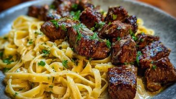 Cheesy Garlic Steak Bites over Creamy Linguine Pasta