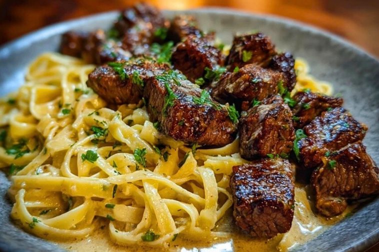 Cheesy Garlic Steak Bites over Creamy Linguine Pasta