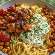 Creamy Cajun Chicken Pasta with Whipped Roasted Garlic Feta & Crispy Chickpeas