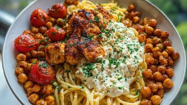 Creamy Cajun Chicken Pasta with Whipped Roasted Garlic Feta & Crispy Chickpeas