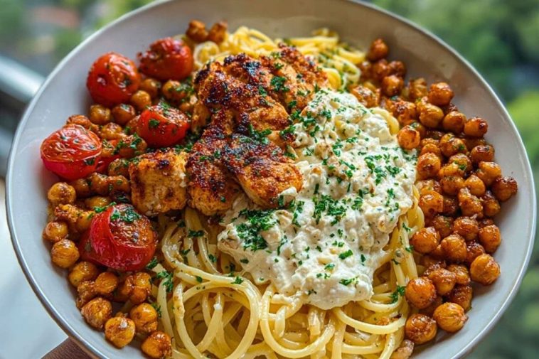 Creamy Cajun Chicken Pasta with Whipped Roasted Garlic Feta & Crispy Chickpeas