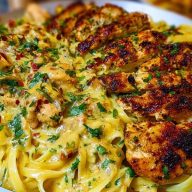 Creamy Mozzarella Chicken Linguine in Garlic Cajun Butter